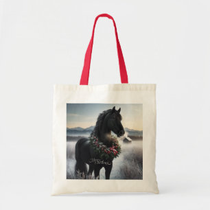 Black horse in the snow with Christmas wreath Tote Bag