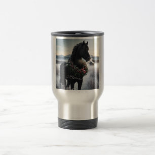 Black horse in the snow with Christmas wreath Travel Mug