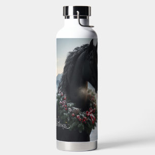 Black horse in the snow with Christmas wreath Water Bottle