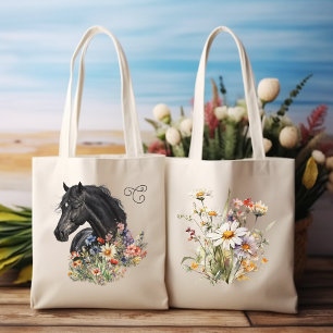 Black Horse in Wildflowers Monogrammed Tote Bag
