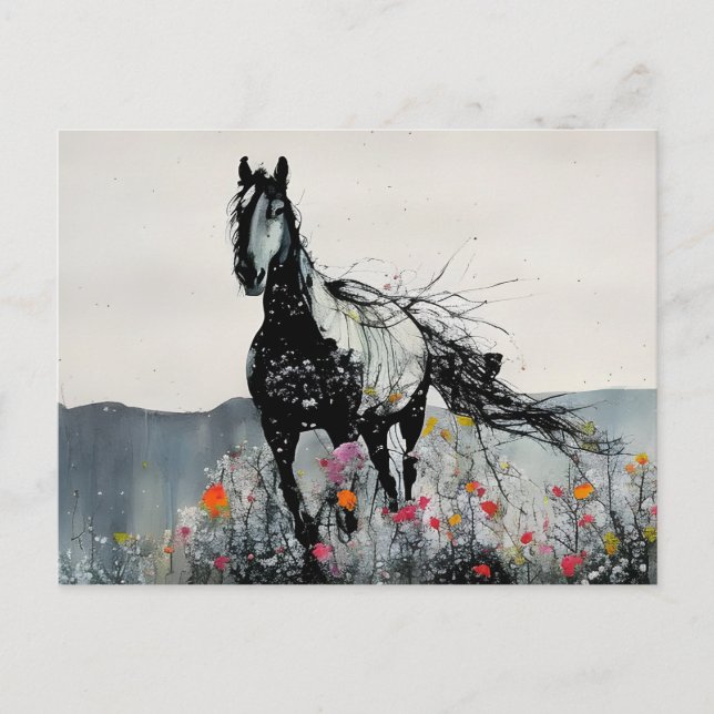 Black Horse in Wildflowers Postcard (Front)
