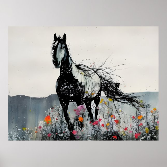 Black Horse in Wildflowers Poster (Front)