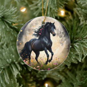 Black Horse Moon Flower Field, Ceramic Tree Decoration