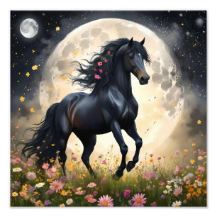 Black Horse Moon Flower Field, Photo Print
