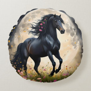 Black Horse Moon Flower Field, Round Cushion