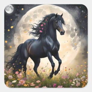 Black Horse Moon Flower Field, Square Sticker