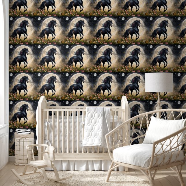 Black Horse Moon Flowers,  Wallpaper (Kids)