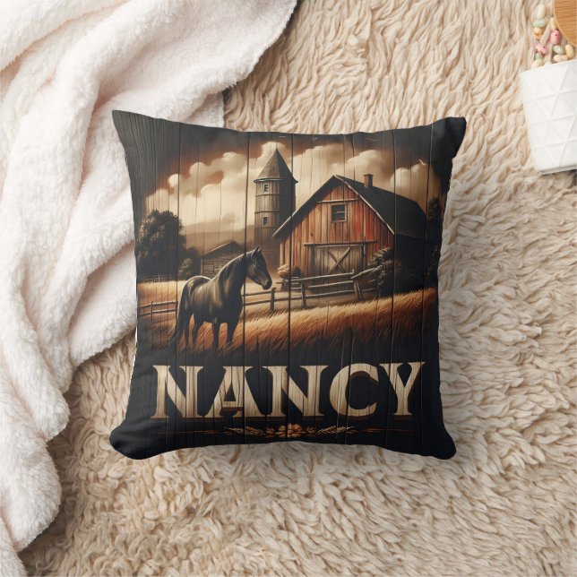 Black Horse Near Barn at Nancy Farm Cushion (Blanket)
