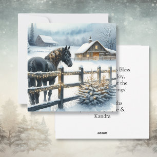 Black Horse on a Christmas Farm Personalised Holiday Card