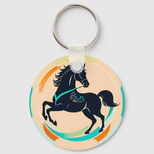 Black Horse on a Colourful Background Key Ring