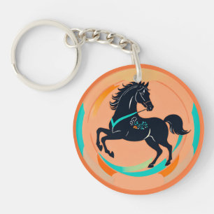 Black Horse on a Colourful Background Key Ring