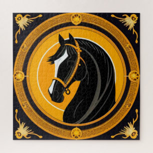 Black Horse on Ornate Yellow and Gold Background Jigsaw Puzzle