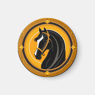 Black Horse on Ornate Yellow and Gold Background Magnet