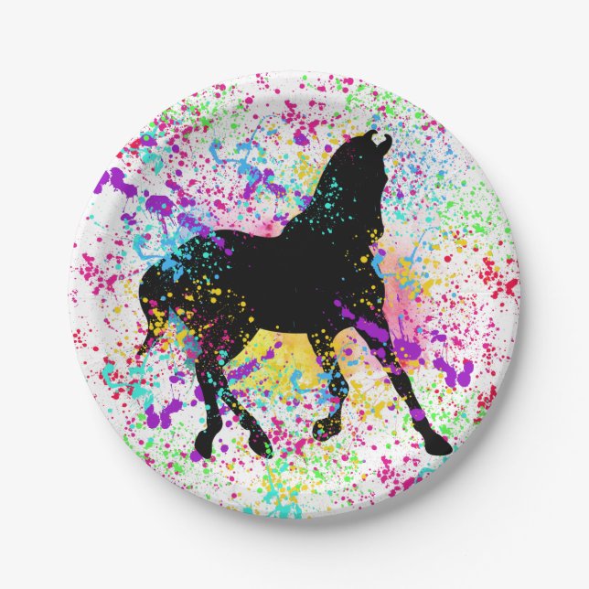 Black Horse Paint Splatter    Paper Plate (Front)