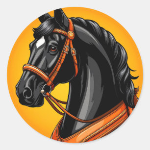 🐎 Black Horse Portrait Minimal Elegant Animal Art Classic Round Sticker