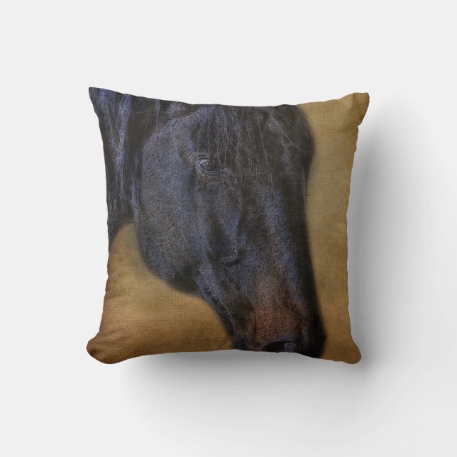 Black Horse Portrait on Rustic Parchment effect Cushion (Front)