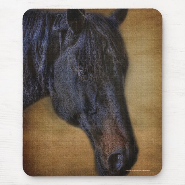 Black Horse Portrait on Rustic Parchment effect Mouse Pad (Front)