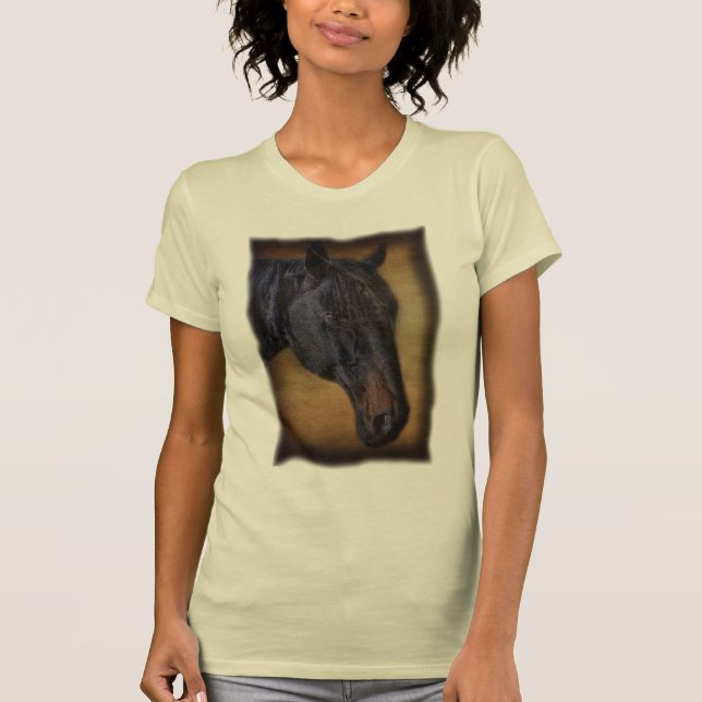 Black Horse Portrait on Rustic Parchment effect T-Shirt (Front)