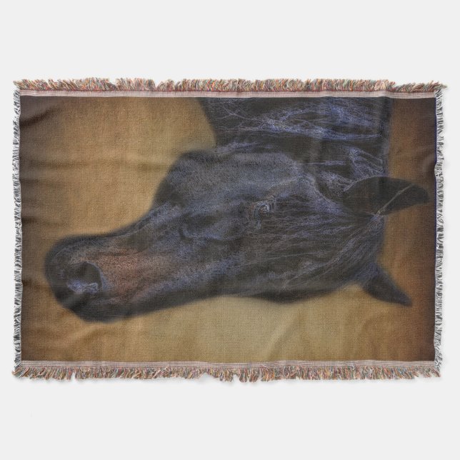 Black Horse Portrait on Rustic Parchment effect Throw Blanket (Front)