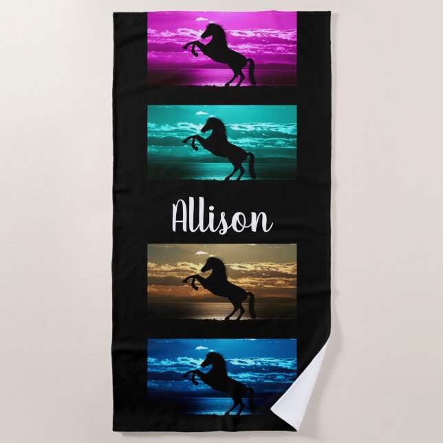 Black Horse Purple, Blue, Teal, Golden Sky & Water Beach Towel (Front)