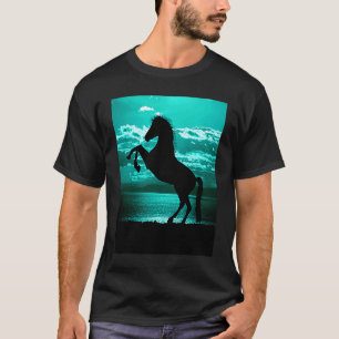 Black Horse Rearing Turquoise Sky T-Shirt