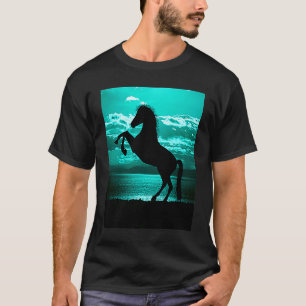 Black Horse Rearing Turquoise Sky T-Shirt