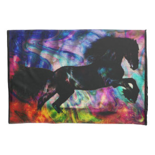 Black Horse Running Though Abstract Fire Pillowcase