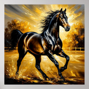 Black Horse Running Through Water in Golden Sunset Poster