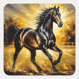 Black Horse Running Through Water in Golden Sunset Square Sticker