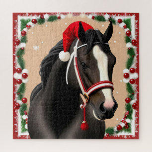 Black Horse Santa Hat Christmas Scene For Holiday Jigsaw Puzzle
