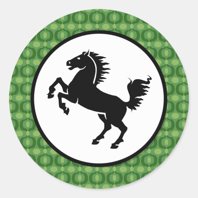Black Horse Silhouette on Green Pattern Classic Round Sticker (Front)