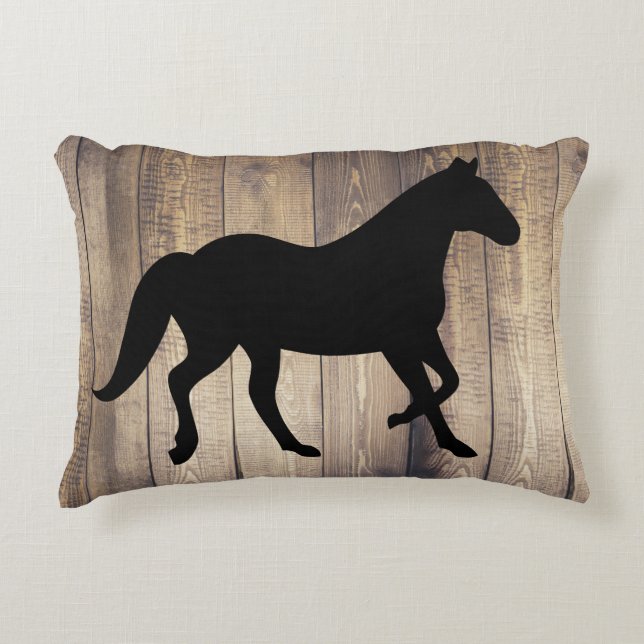 Black Horse Silhouette & Rustic Wood Planks Decorative Cushion (Front)