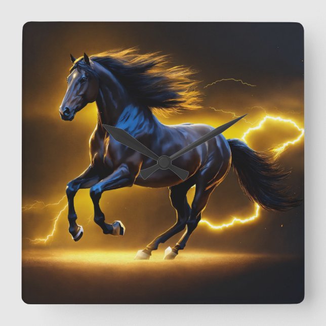 Black horse  square wall clock (Front)
