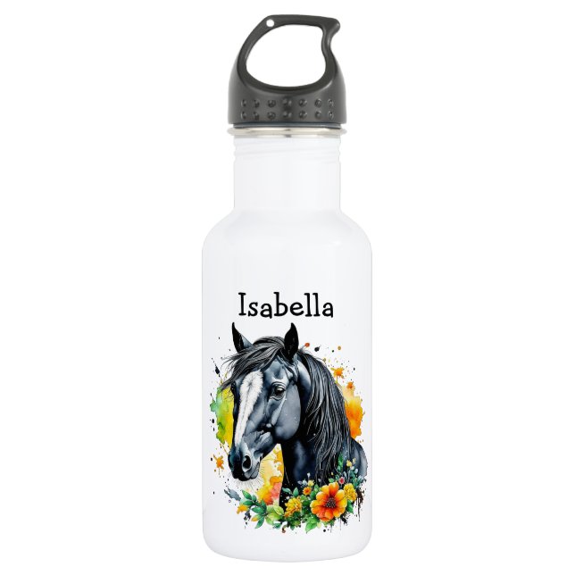Black Horse Surrounded by Flowers Personalised  532 Ml Water Bottle (Front)