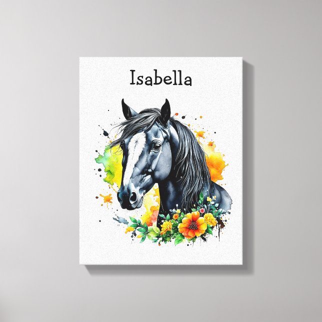 Black Horse Surrounded by Flowers Personalised  Canvas Print (Front)