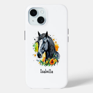 Black Horse Surrounded by Flowers Personalised iPhone 15 Case