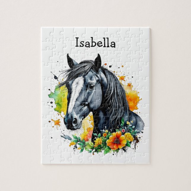 Black Horse Surrounded by Flowers Personalised  Jigsaw Puzzle (Vertical)