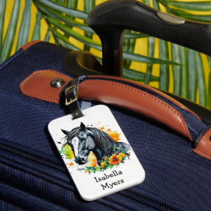 Black Horse Surrounded by Flowers Personalised  Luggage Tag