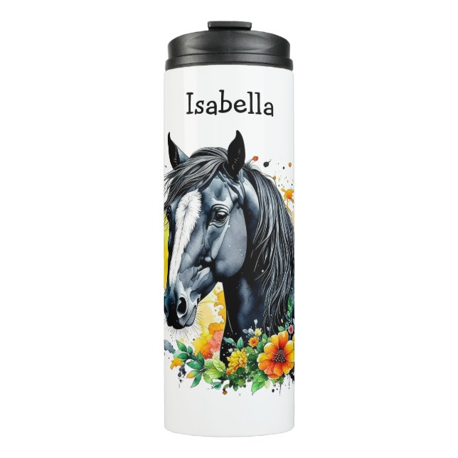 Black Horse Surrounded by Flowers Personalised  Thermal Tumbler (Front)