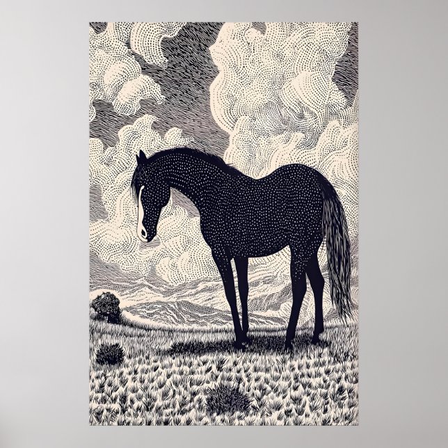 Black Horse Wall Art Graphic Ink Drawing (Front)