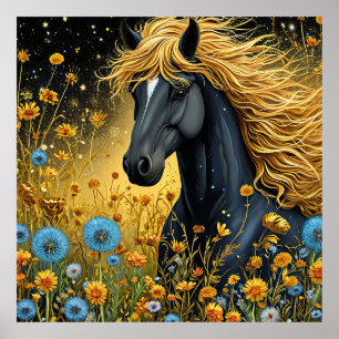 Black Horse Wall Art Wildflower Nature Decor Print