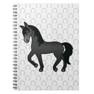Black Horse Who Is Trotting Cute Cartoon Drawing Spiral Notebook