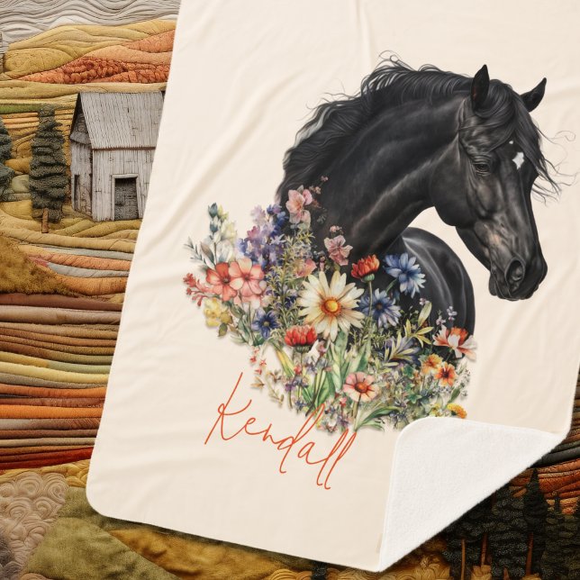 Black Horse Wildflowers Personalised Sherpa Blanket (Creator Uploaded)