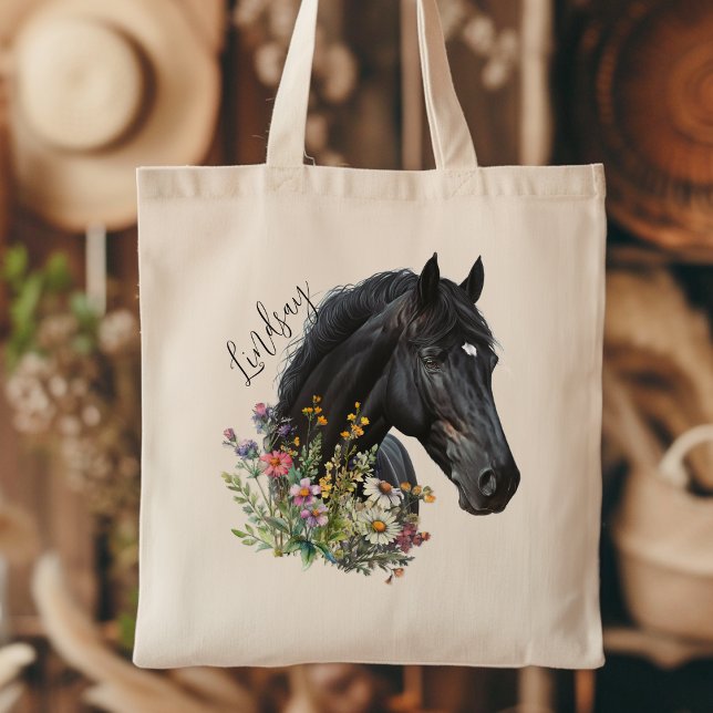 Black Horse Wildflowers w Name Personalisation Tote Bag (Creator Uploaded)