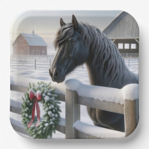 Black Horse With a Snowy Christmas Wreath Paper Plate