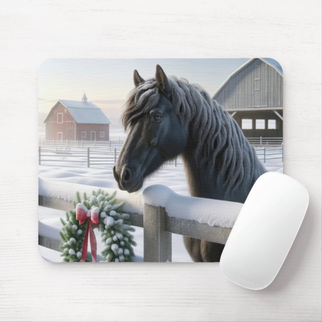 Black Horse With Christmas Wreath Mouse Pad (With Mouse)