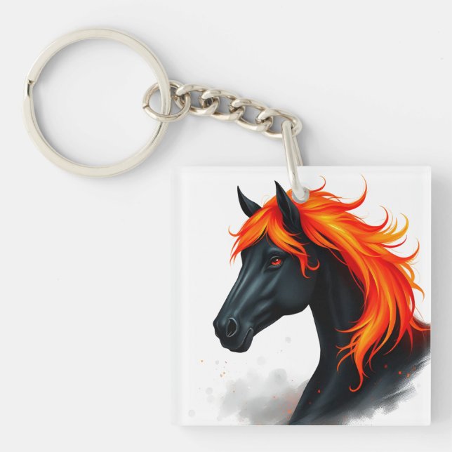Black Horse With Fiery Red Mane Key Ring (Front)