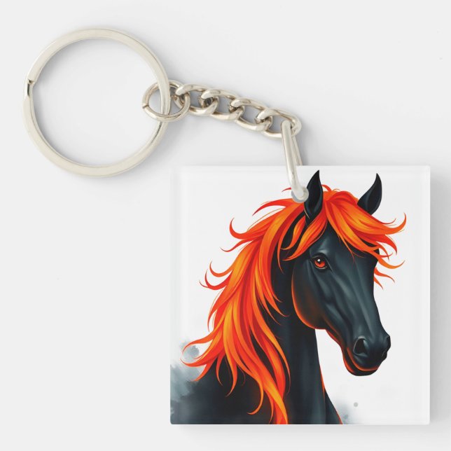 Black Horse With Fiery Red Mane Key Ring (Front)