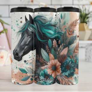 Black Horse with Teal Mane Flowers Thermal Tumbler