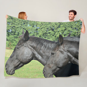 Black Horses in Peaceful Meadow Light Fleece Blanket